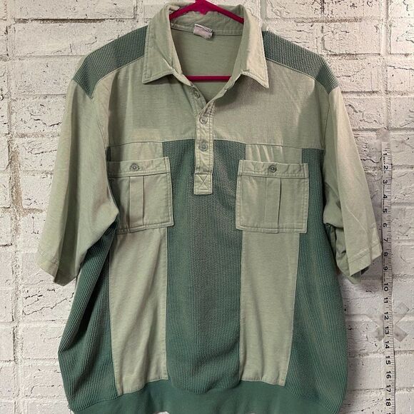 Vintage Haband Casual Joe Short Sleeve Bottom Banded Green Collared Shirt Large - Picture 1 of 8